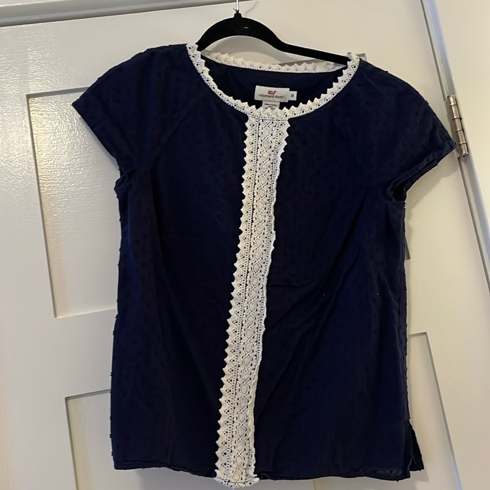 Vineyard Vines Navy Cotton Swiss Dot Lace Top